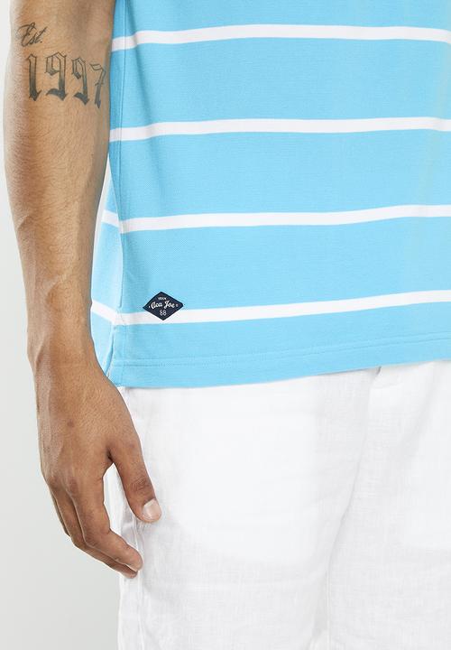 Aca Joe - Mens Aca Joe Yarn Dyed Stripe Pique Emb  Golfer - Bachelor Button/White