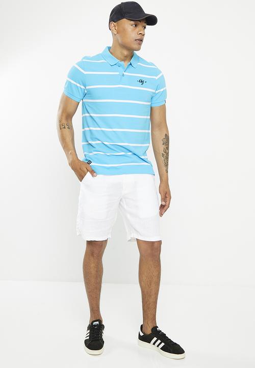 Aca Joe - Mens Aca Joe Yarn Dyed Stripe Pique Emb  Golfer - Bachelor Button/White