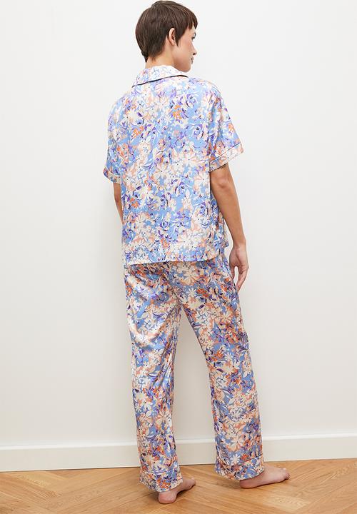 edit - Short sleeve satin button down set - blues watercolour floral