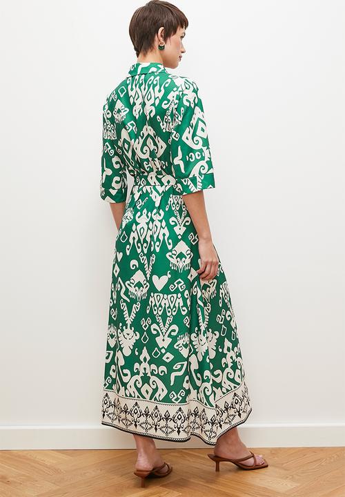 edit - Printed self belted midi shirt dress -  green print