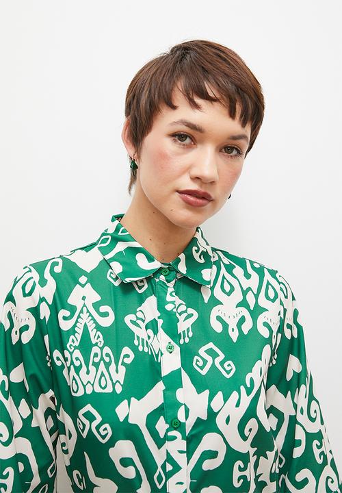 edit - Printed self belted midi shirt dress -  green print