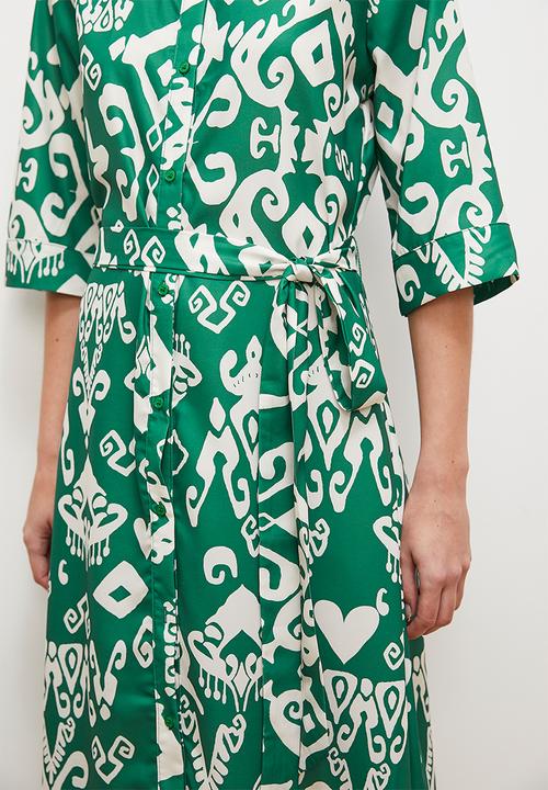 edit - Printed self belted midi shirt dress -  green print