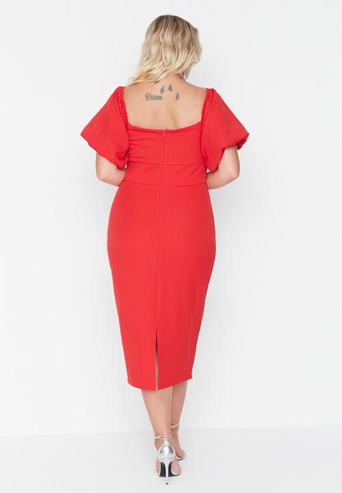 Trendyol - Plus short balloon sleeve midi bodycon dress - red
