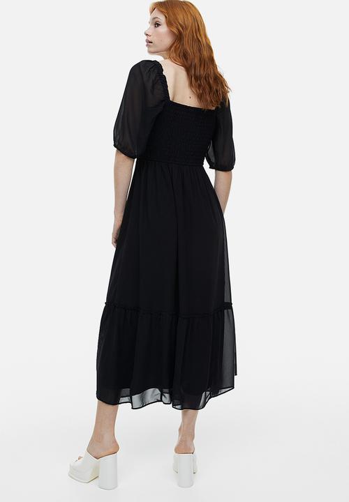 H&M - Puff-sleeved smocked dress - black