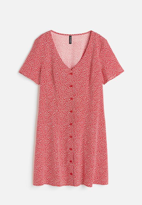 H&M - Tie-detail button-front dress - red/small flowers