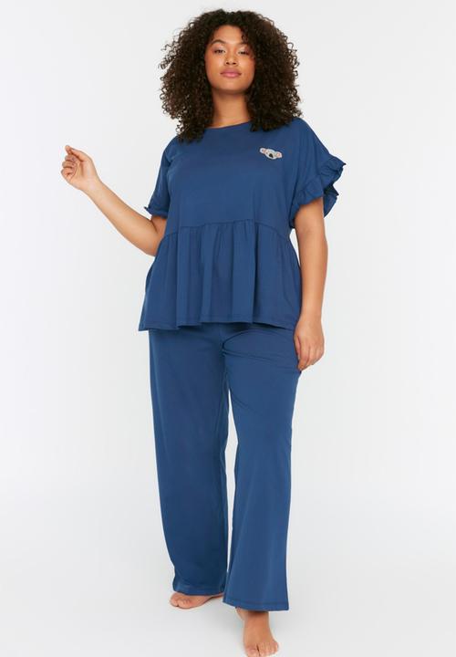 Trendyol - Plus short sleeve frill pajama set - blue