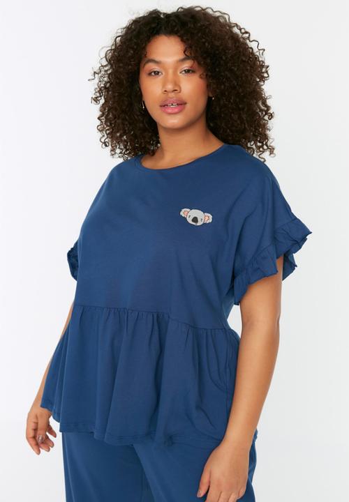 Trendyol - Plus short sleeve frill pajama set - blue