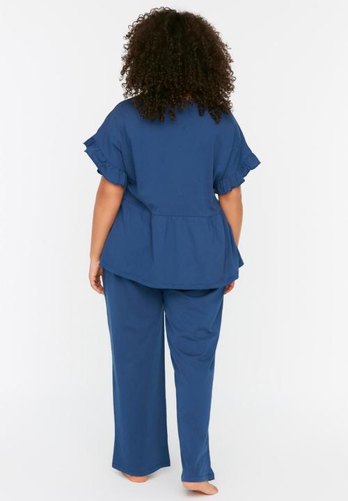 Trendyol - Plus short sleeve frill pajama set - blue