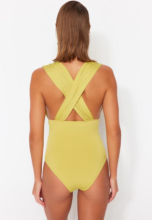 Trendyol - V-neck one piece swimsuit - green