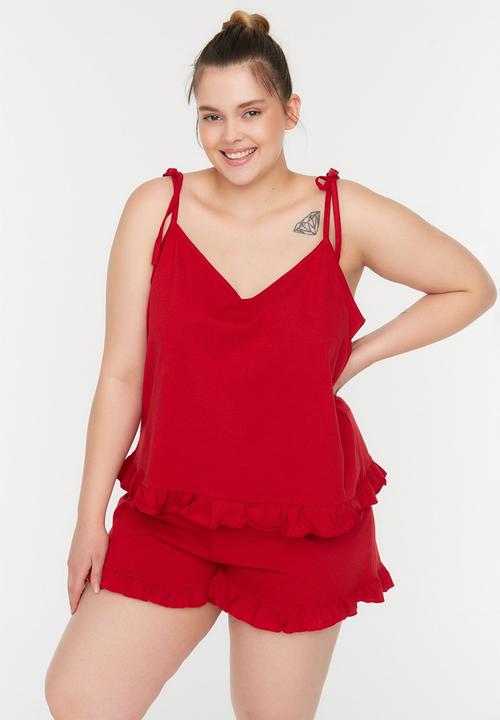 Trendyol - Plus short strappy pajama set - red