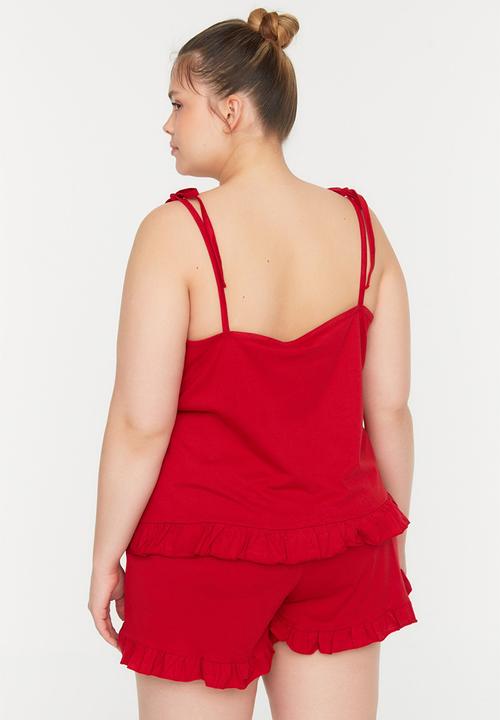 Trendyol - Plus short strappy pajama set - red