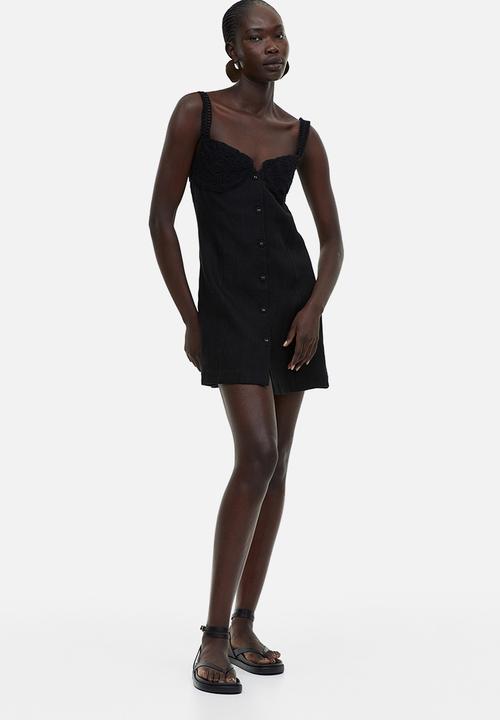H&M - Appliquéd linen mini dress - black