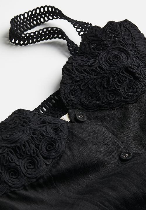 H&M - Appliquéd linen mini dress - black