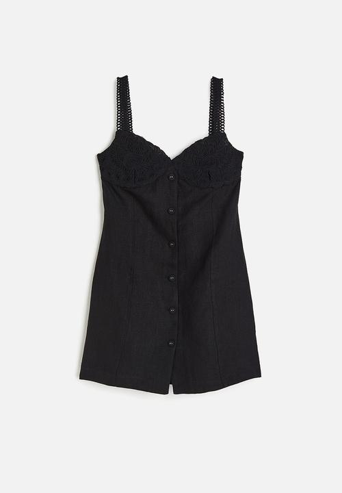 H&M - Appliquéd linen mini dress - black