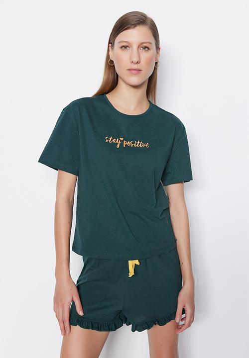 Trendyol - Short slogan pajama set - dark green