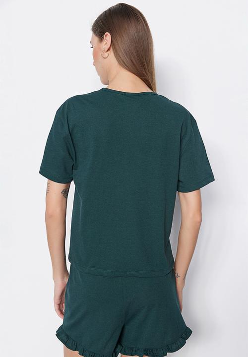 Trendyol - Short slogan pajama set - dark green