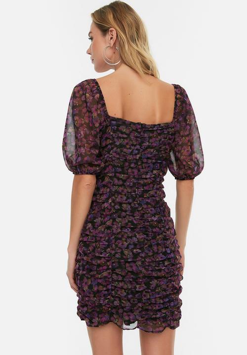 Trendyol - Floral ruched mini bodycon dress - black