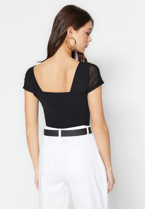 Trendyol - Short sleeve sweetheart bodysuit - black
