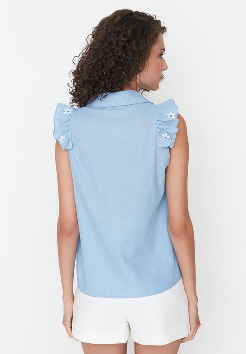 Trendyol - Cropped flower shirt - blue