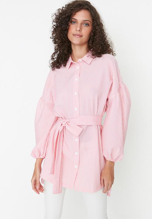 Trendyol - Modest stripe belted shirt - pink