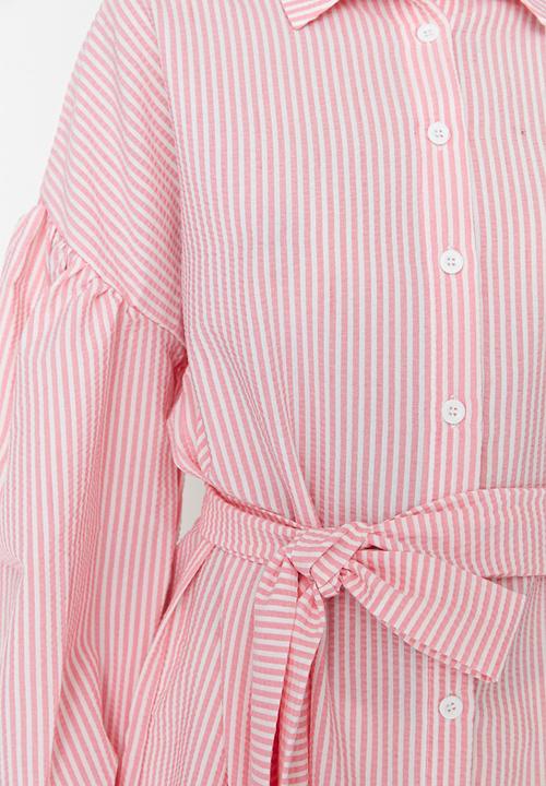 Trendyol - Modest stripe belted shirt - pink
