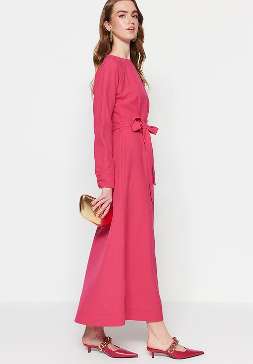 Trendyol - Modest long sleeve belted dress - pink
