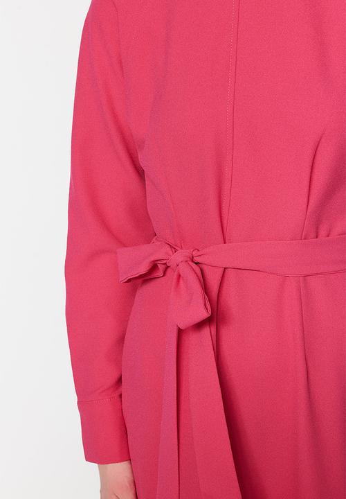 Trendyol - Modest long sleeve belted dress - pink