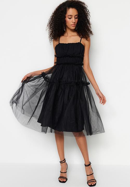 Trendyol - Tiered mesh midi dress - black