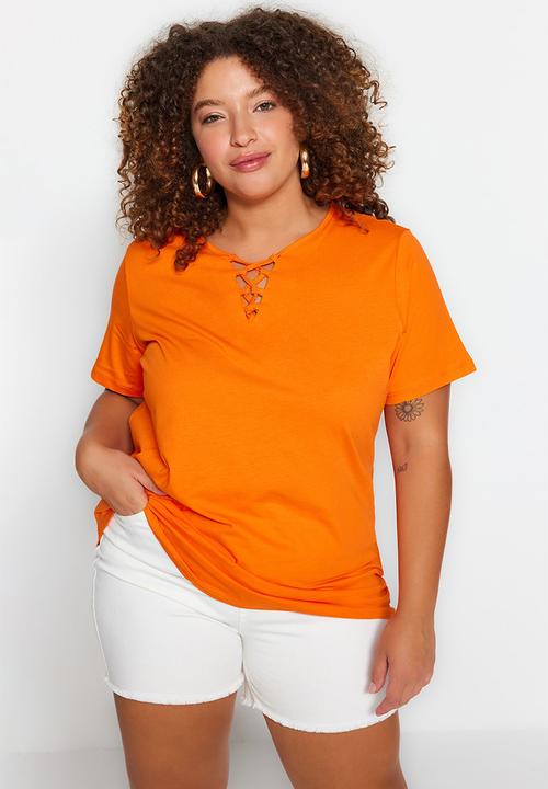 Trendyol - Plus criss cross boyfriend T-shirt - orange