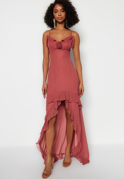 Trendyol - Ruffle maxi evening dress - pink