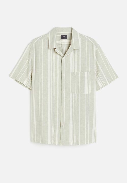 H&M - Regular fit linen-blend shirt - dusty green & white striped 