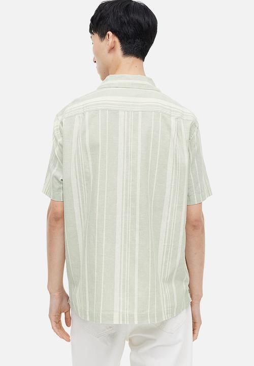 H&M - Regular fit linen-blend shirt - dusty green & white striped 