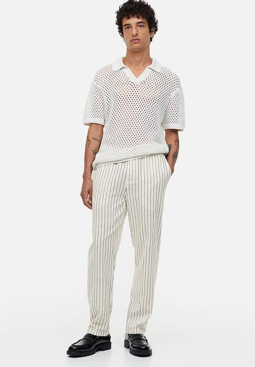 H&M - Regular fit linen-blend trousers - white pinstriped 