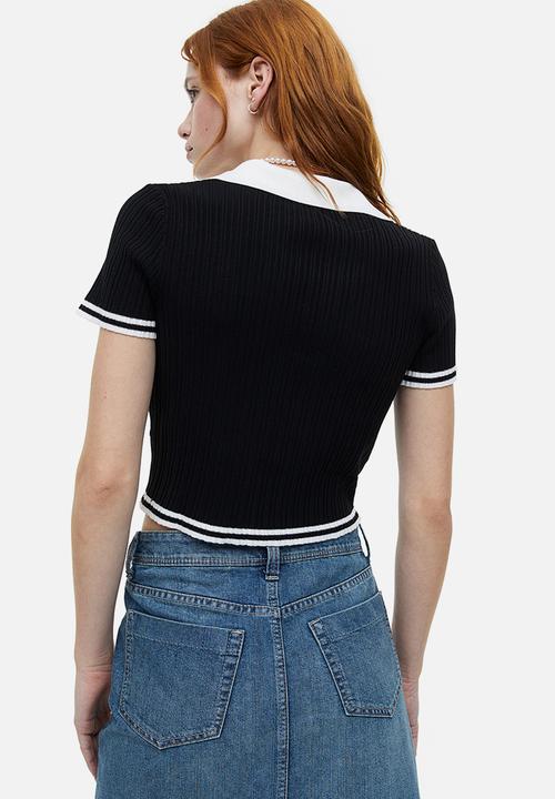 H&M - Collared rib knit top - black & white 