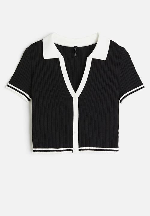 H&M - Collared rib knit top - black & white 