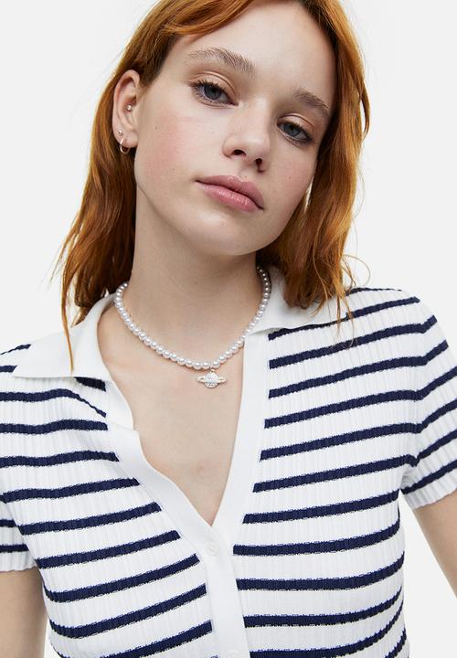 H&M - Collared rib knit top - white & black striped