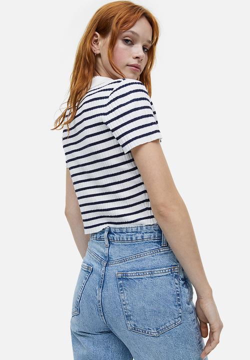 H&M - Collared rib knit top - white & black striped