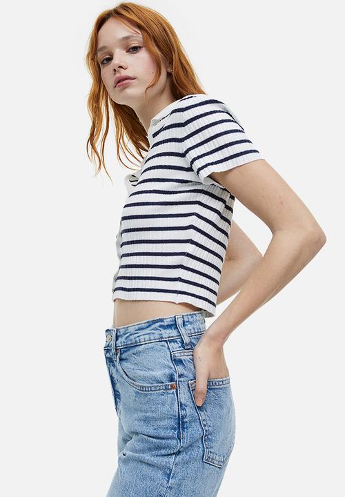H&M - Collared rib knit top - white & black striped