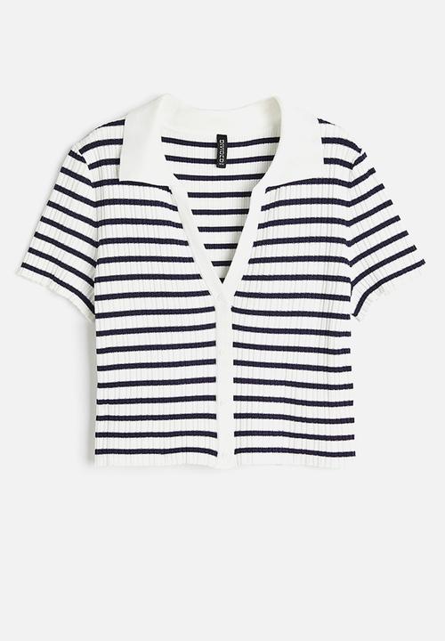 H&M - Collared rib knit top - white & black striped