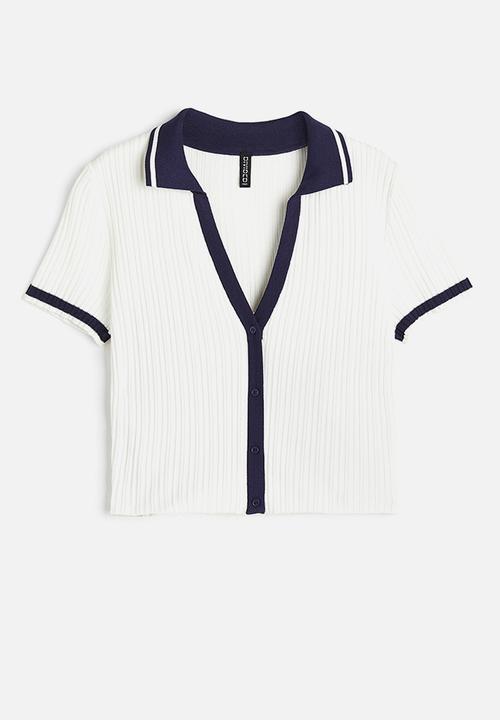 H&M - Collared rib knit top - white & dark blue
