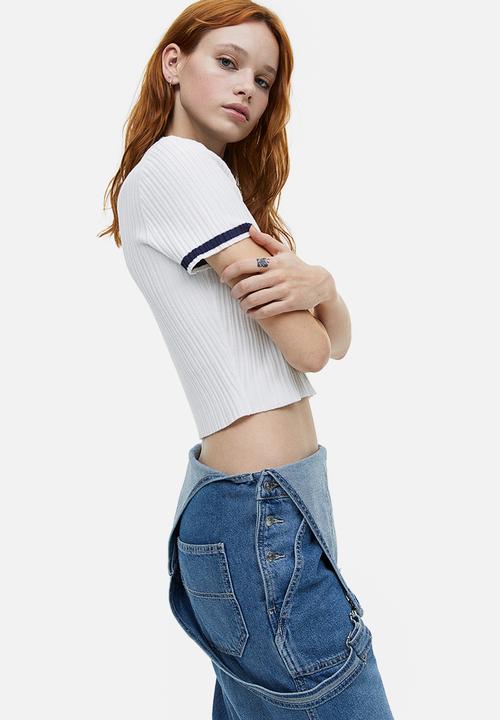 H&M - Collared rib knit top - white & dark blue