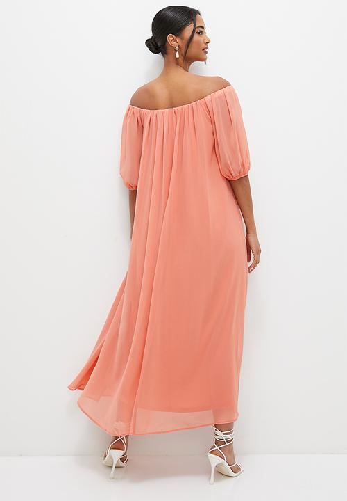 MILLA - Bardot chiffon maxi - guava