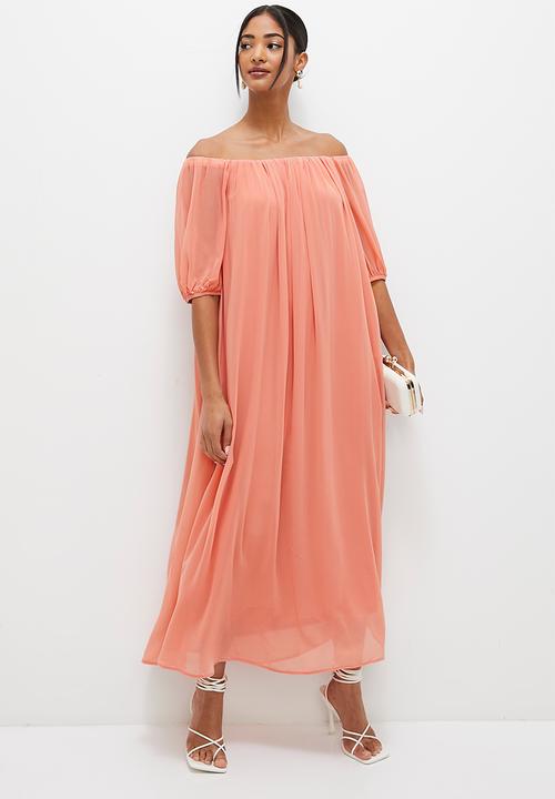 MILLA - Bardot chiffon maxi - guava