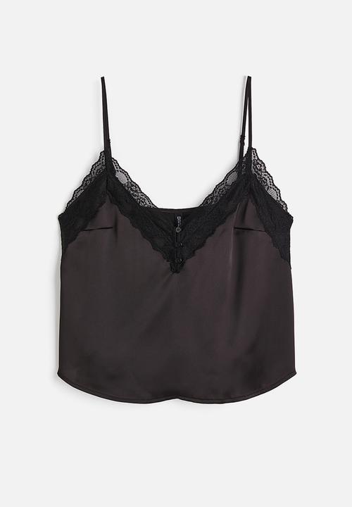 H&M - Lace-trimmed satin cami top - black
