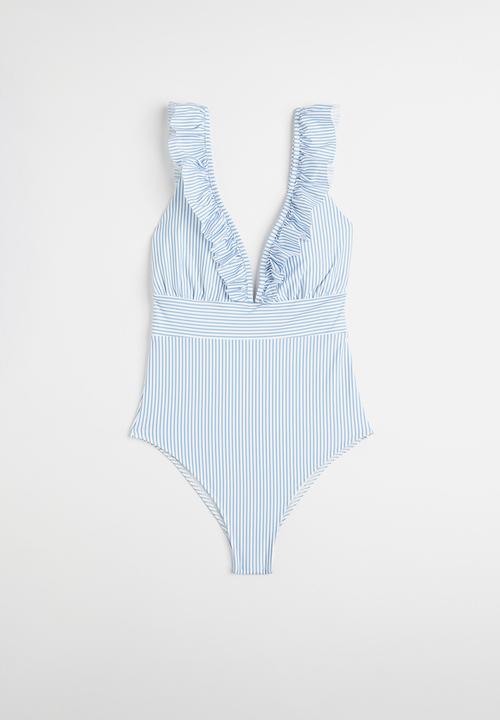 H&M - Padded-cup swimsuit - light blue striped 