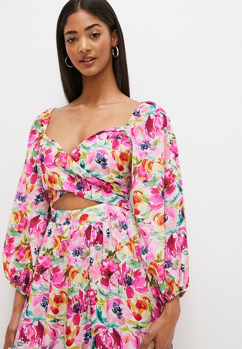 MILLA - wrap front ballon sleeve midi dress - pink 