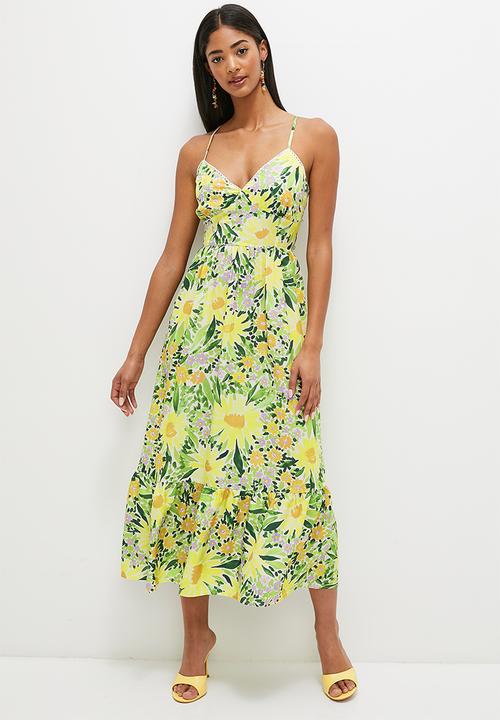 MILLA - Strappy fit & flare with tier hem- green & yellow 