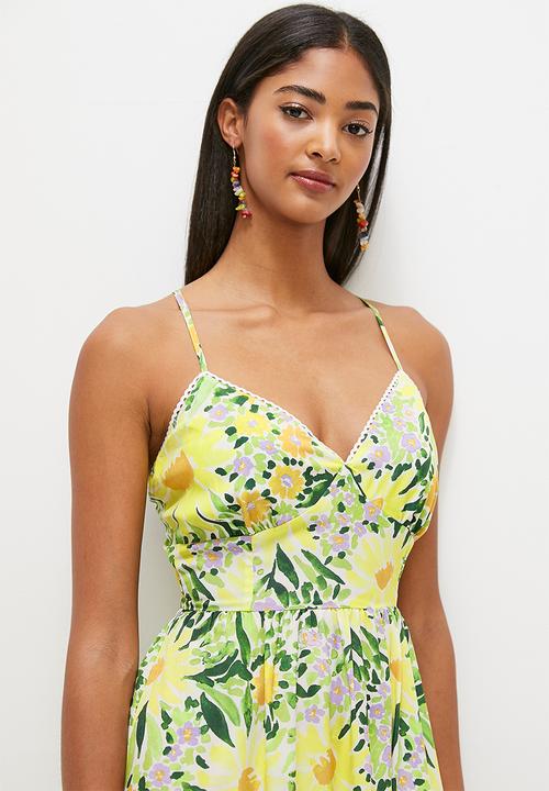 MILLA - Strappy fit & flare with tier hem- green & yellow 