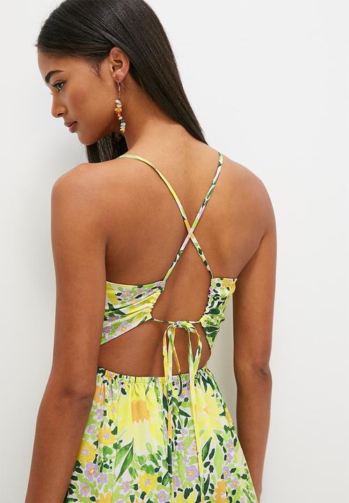 MILLA - Strappy fit & flare with tier hem- green & yellow 