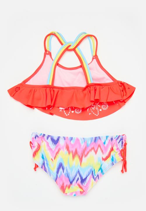 MINOTI - Girls coral 2 pack laser cut bikini - coral multi